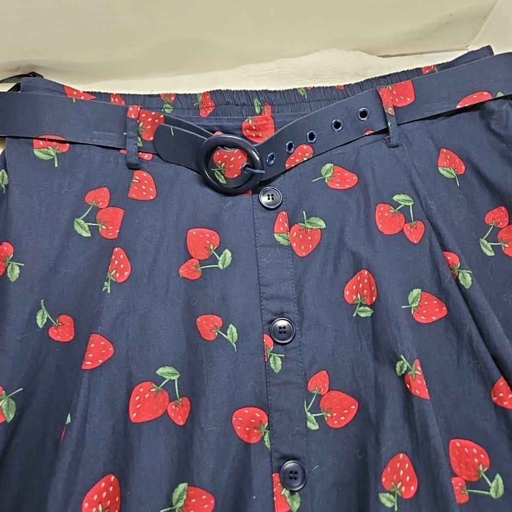 City Chic Navy Strawberry A-Line Skirt Belted Pockets - Picture 3 of 9